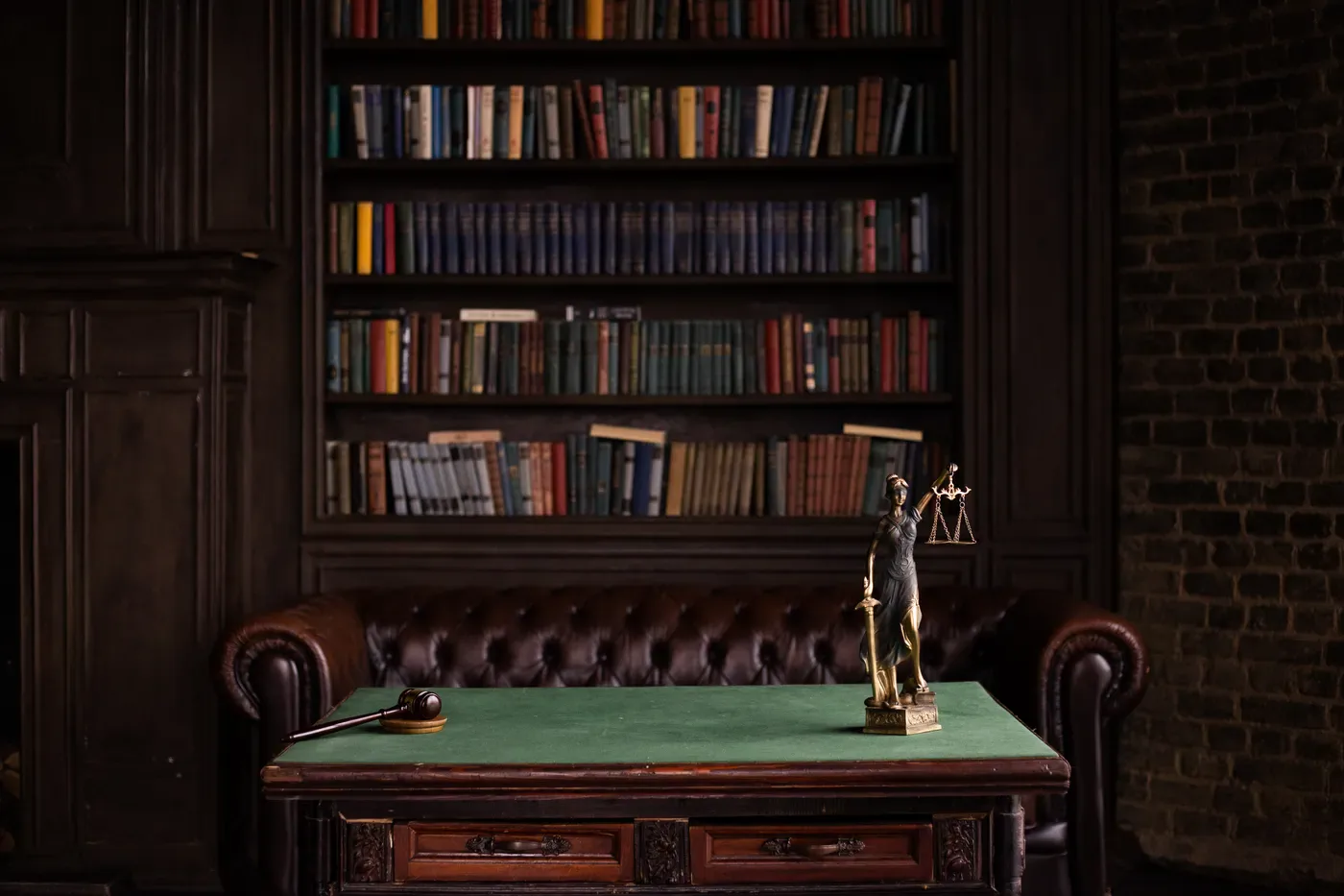 A law library with shelves of books and legal symbols